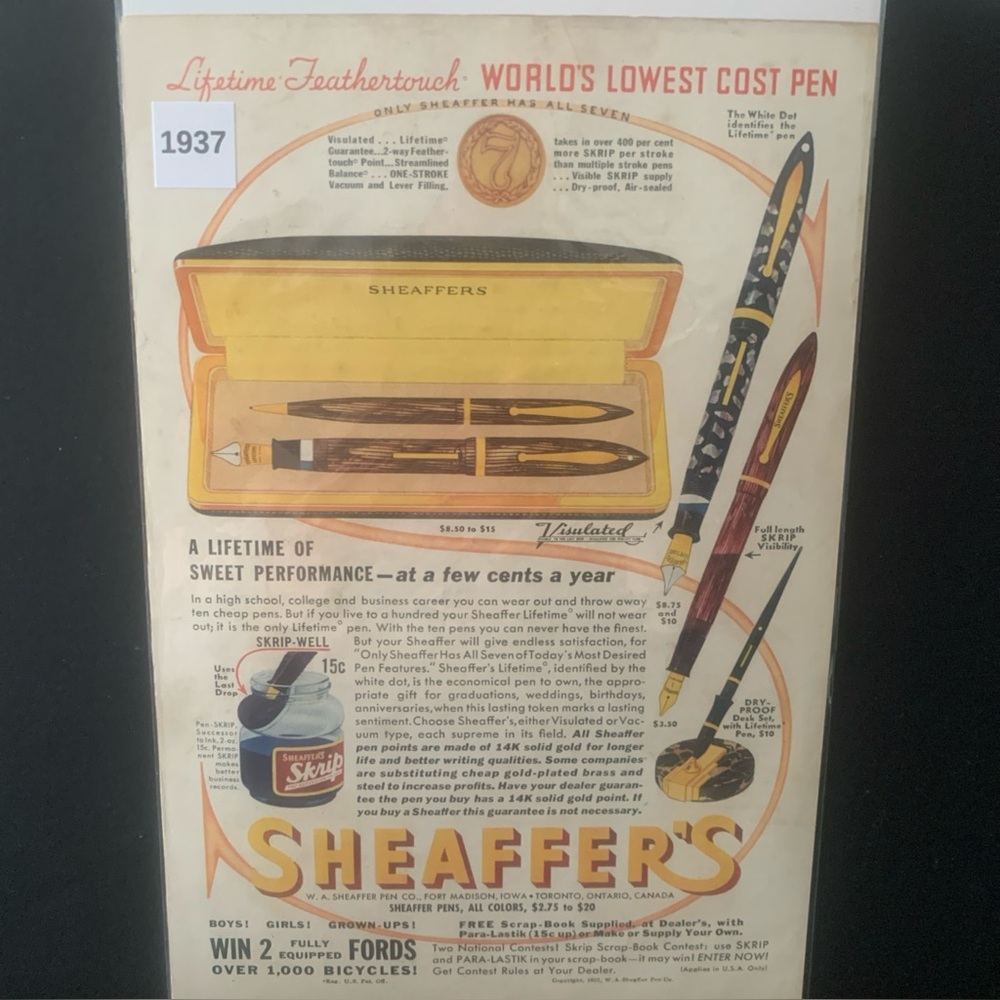Vintage 1937 Sheaffer's Lifetime Feathertouch Lowest Cost Pen Ad Advertisement